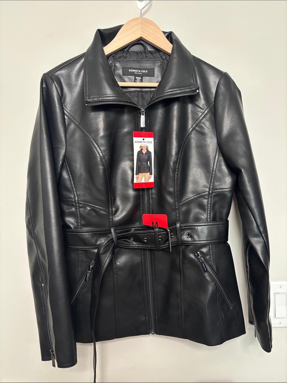 Kenneth Cole Black Faux Leather Belted Moto Jacket NWT M Medium